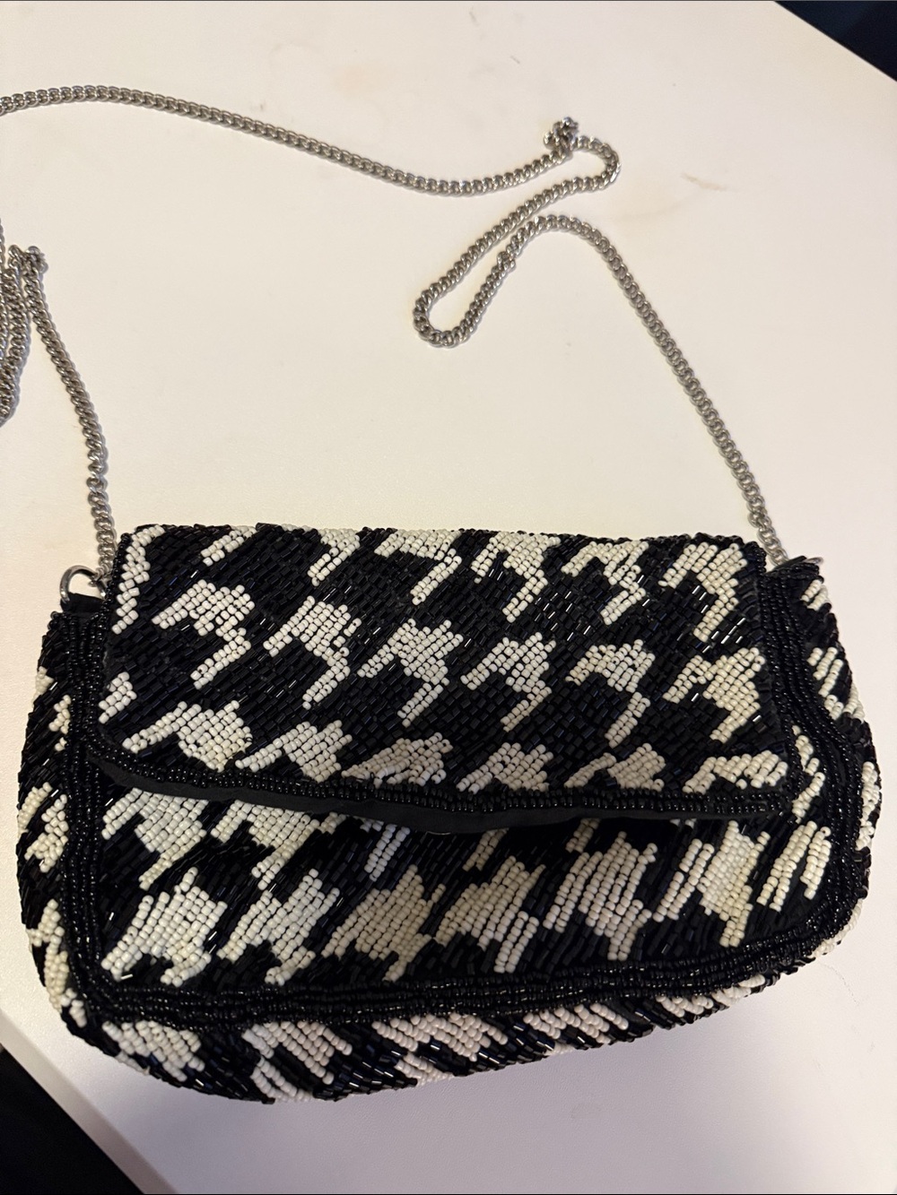 Zara Black & White Beaded Houndstooth Crossbody Bag